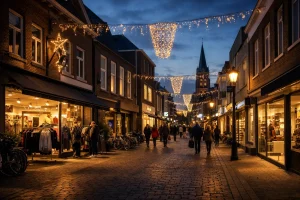 Bedrijven in Venray Drukke winkelstraat in Venray tijdens koopavond met sfeerverlichting in de avondschemering.