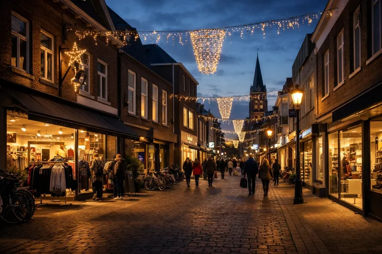Drukke winkelstraat in Venray tijdens koopavond met sfeerverlichting in de avondschemering.