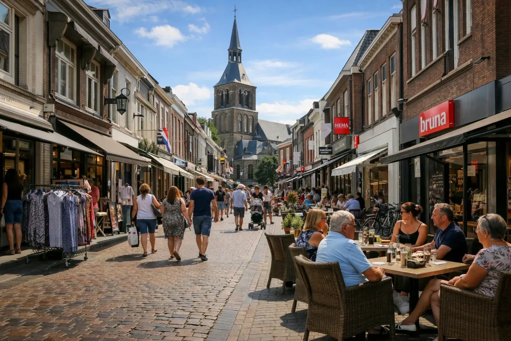 Drukke winkelstraat in Venray op zondagmiddag met terrassen en shoppers