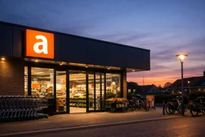 Bedrijven in Venray Buitenkant van een moderne supermarkt in Venray overdag met parkeerplaats ervoor