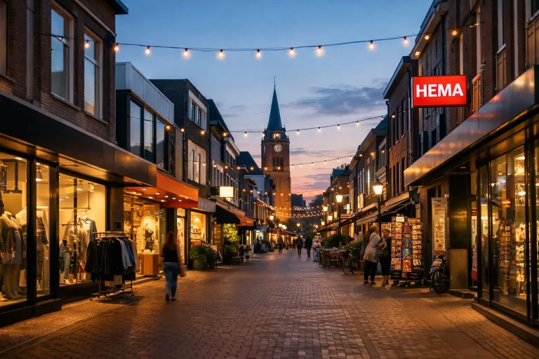 Verlichte winkelstraat in Venray tijdens de avond met shoppers en gezellige sfeer.