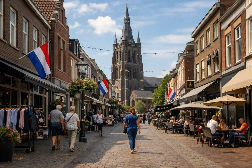 Winkelstraat in het centrum van Venray met kerk op de achtergrond