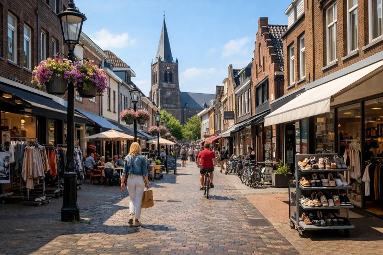Modern winkelcentrum in Venray met bezoekers en winkels overdag