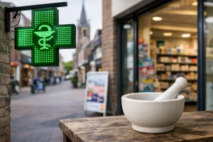 Bedrijven in Venray Gevel van een apotheek in Venray bij daglicht met ingang en etalage.