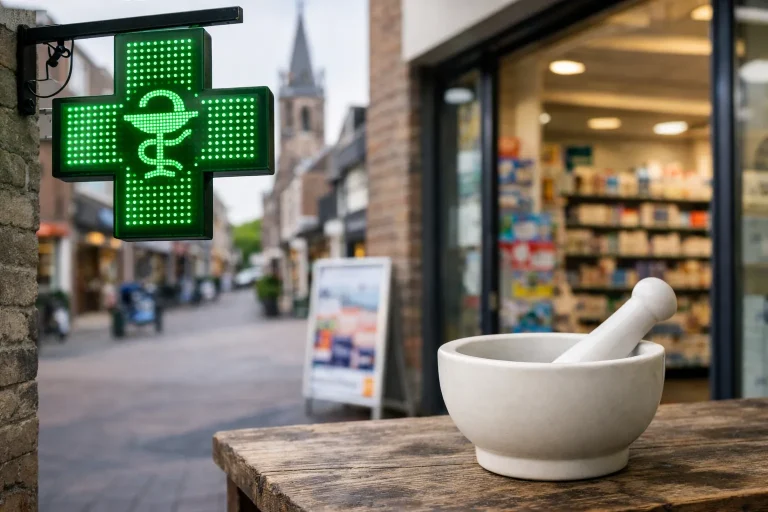 Gevel van een apotheek in Venray bij daglicht met ingang en etalage.