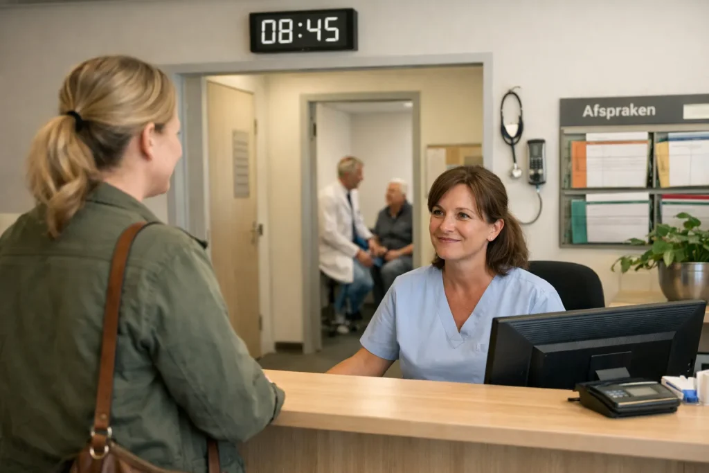 Patiënt meldt zich bij de balie van een huisartsenpraktijk in de ochtend.