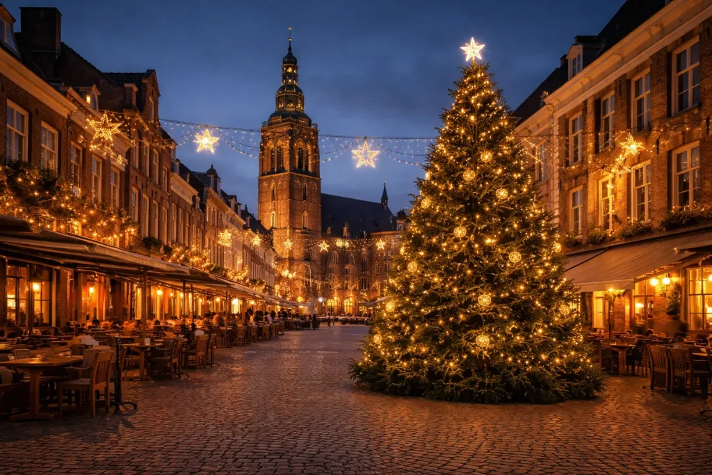 Feestelijk verlichte winkelstraat in Venray tijdens kerstperiode