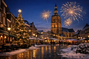 Feestelijk verlichte winkelstraat in Venray tijdens een winteravond rond oud en nieuw.
