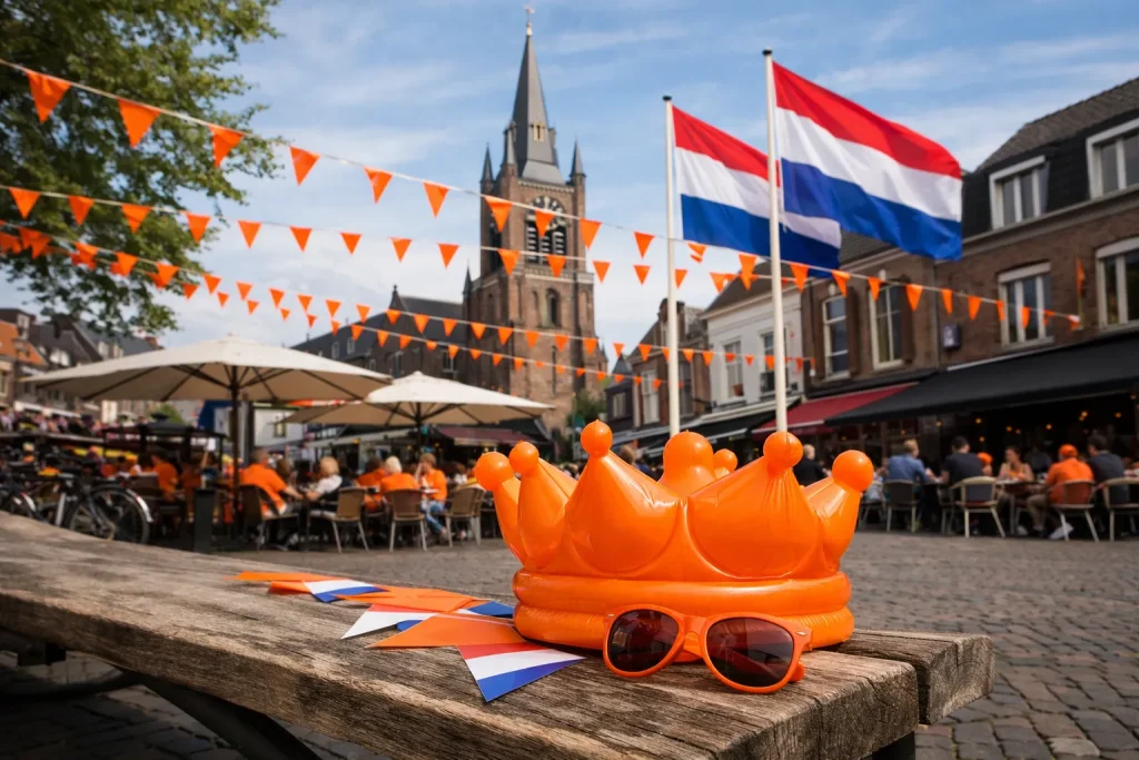 Drukke winkelstraat in Venray tijdens Koningsdag met oranje versiering en vlaggen