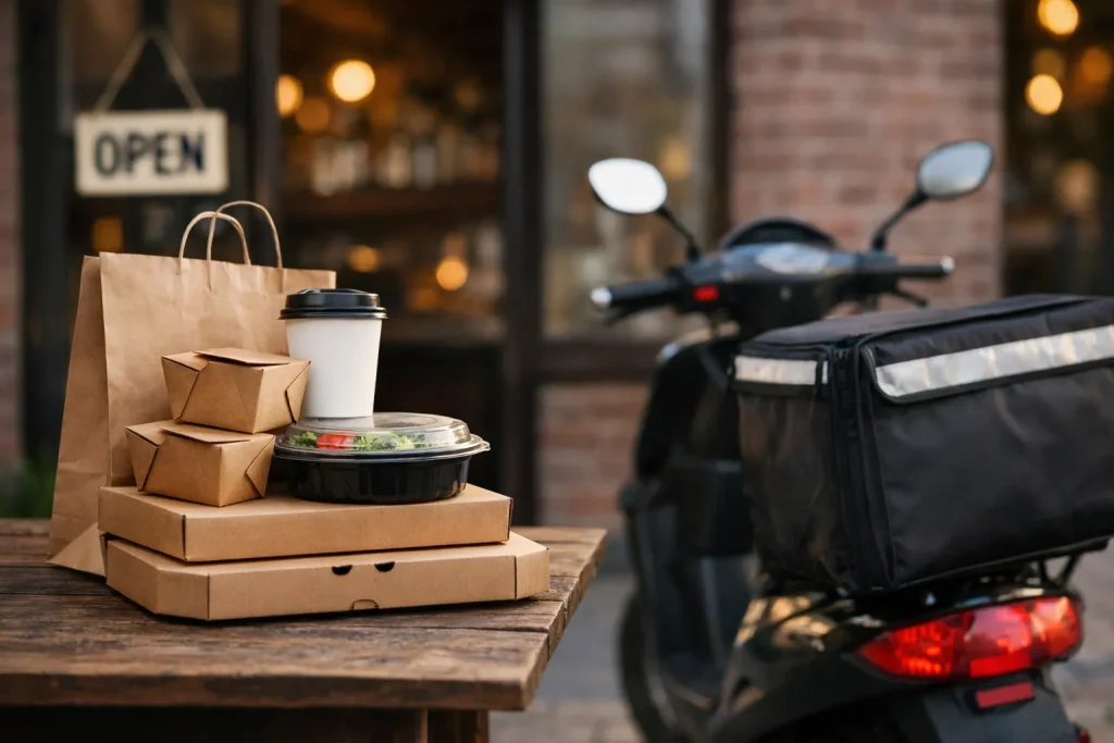 Restaurant in Venray met afhaalbalie en bezorger bij zonsondergang