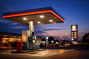 Verlicht tankstation in Venray tijdens de avondschemering