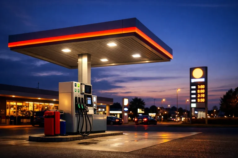 Verlicht tankstation in Venray tijdens de avondschemering
