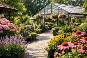 Ingang van een tuincentrum in Venray met planten en bloemen buiten opgesteld.