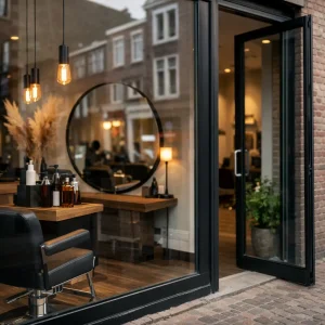 Moderne kapsalon met glazen gevel in Venray