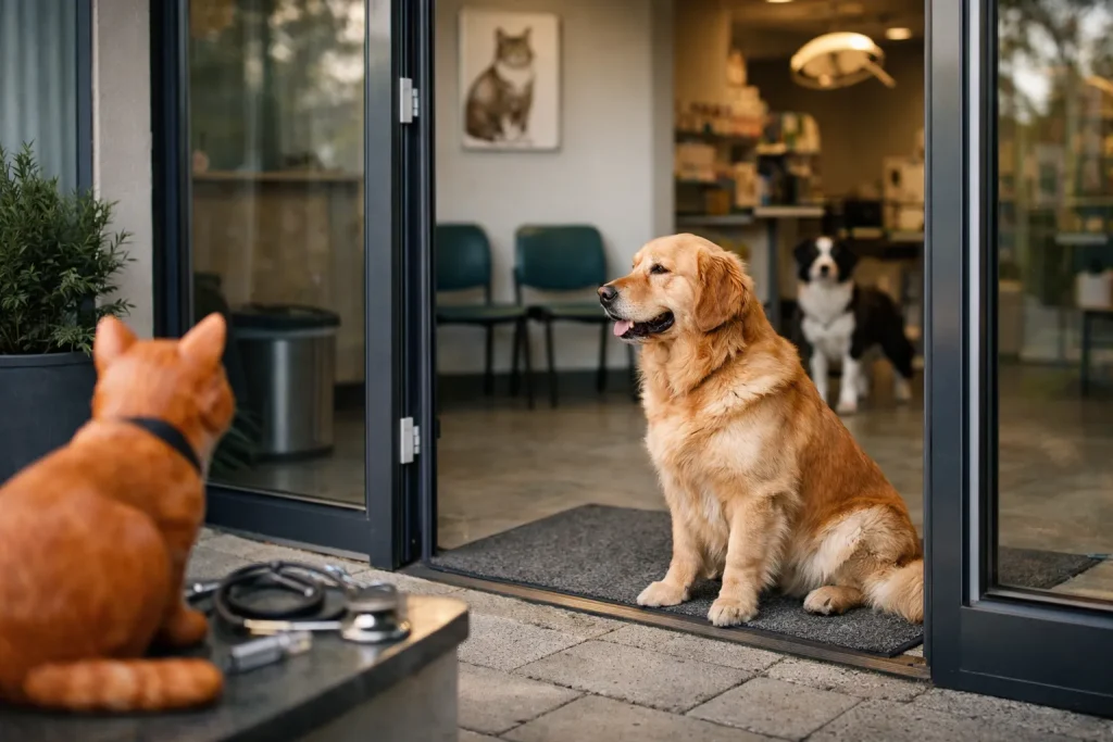 Hond bij ingang van dierenarts in Venray