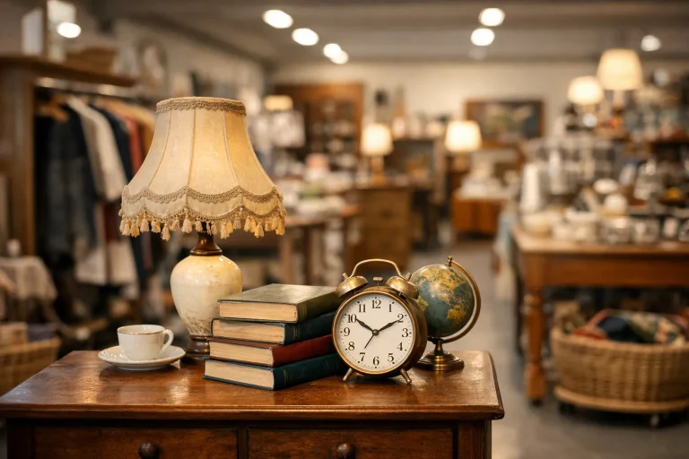 Realistische kringloopwinkel in Venray overdag met ingang en etalage.