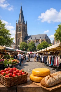Buitenmarkt met kramen en bezoekers in Venray centrum.