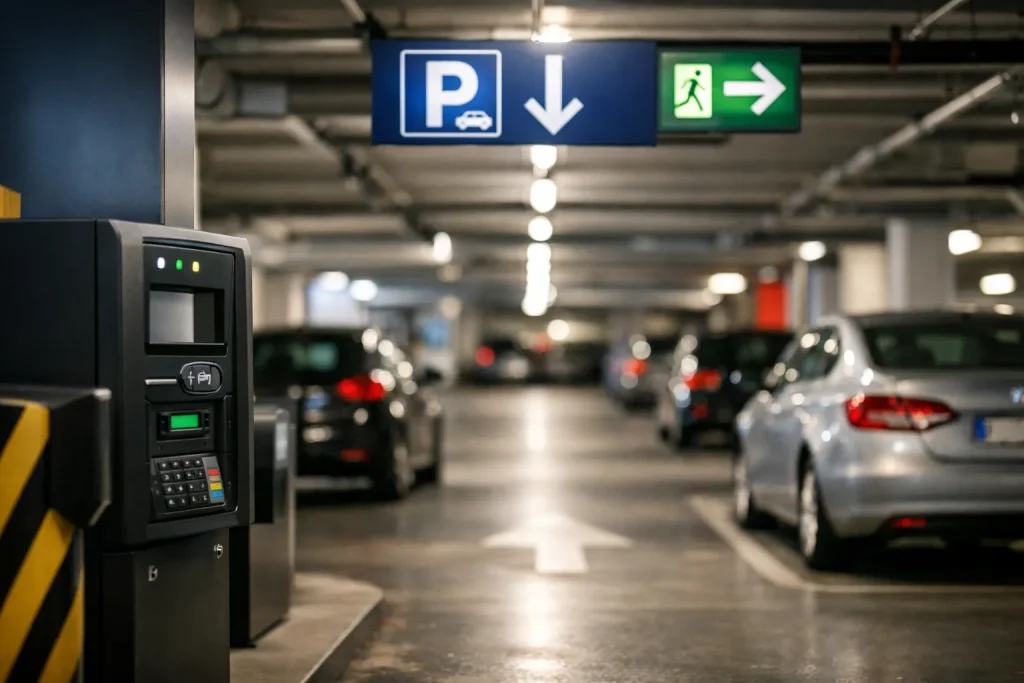 Moderne ondergrondse parkeergarage met geparkeerde auto’s en betaalautomaat.