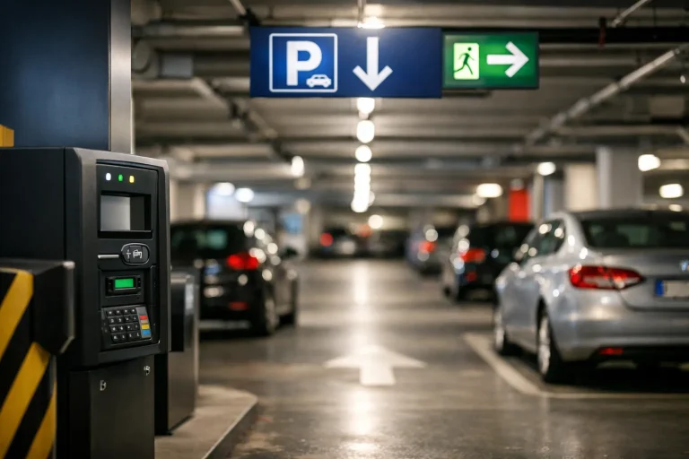 Moderne ondergrondse parkeergarage met geparkeerde auto’s en betaalautomaat.