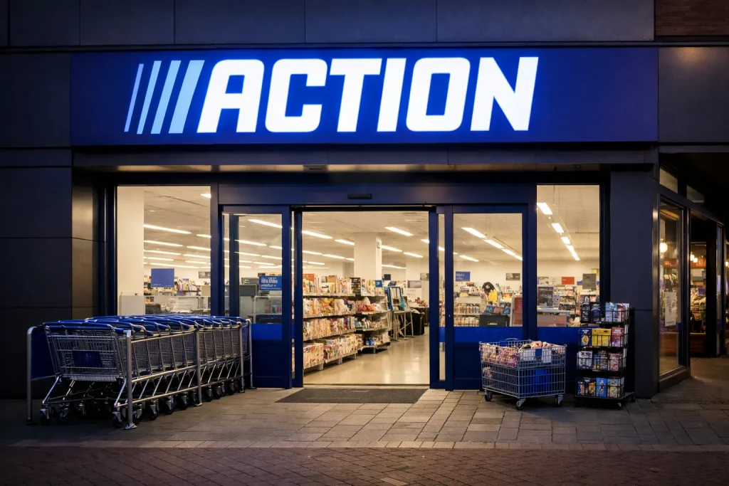 Buitenaanzicht van een Action-winkel in Venray bij schemering