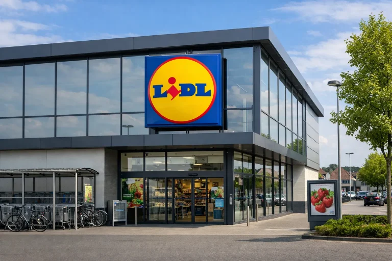 Realistische foto van een Lidl-supermarkt in Venray, buitenaanzicht bij de ingang