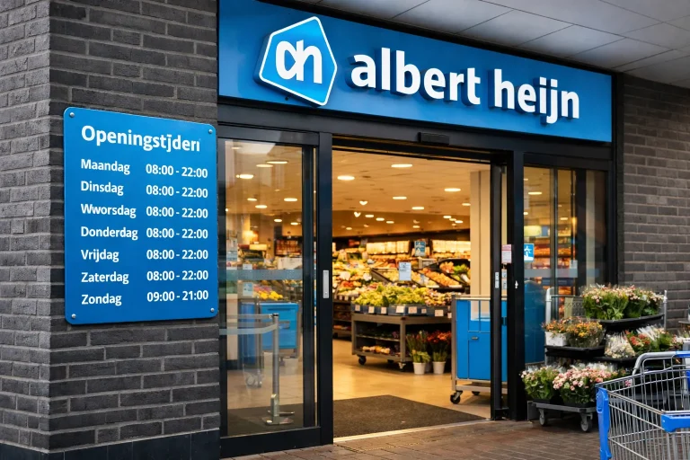 Ingang van Albert Heijn in Venray met openingstijdenbord
