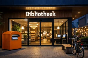Ingang van een bibliotheek in Venray in de avond.